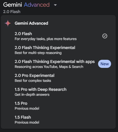 A screenshot of Google Gemini models dropdown.